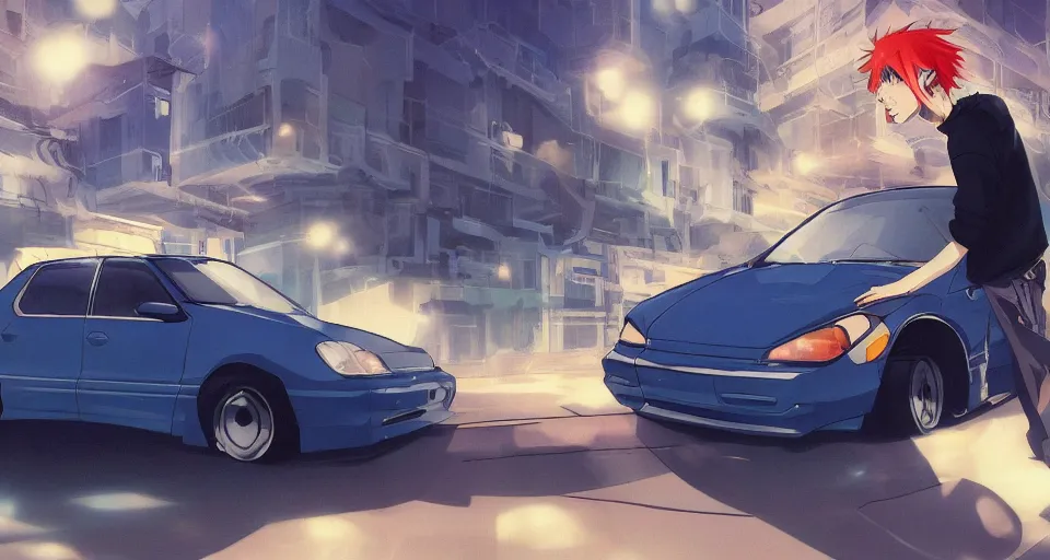 Prompt: closeup of a high definition anime guy with short dark blue hair and black streetwear clothing riding a dark red 1996 Hyundai Accent car with armenia quindio in the background, Artwork by Makoto Shinkai, pixiv, 8k, official media, wallpaper, hd