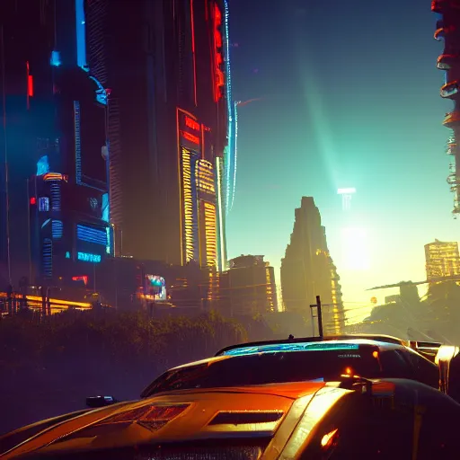 Prompt: A stunning photograph of Night City from Cyberpunk 2077, setting sun, 4K