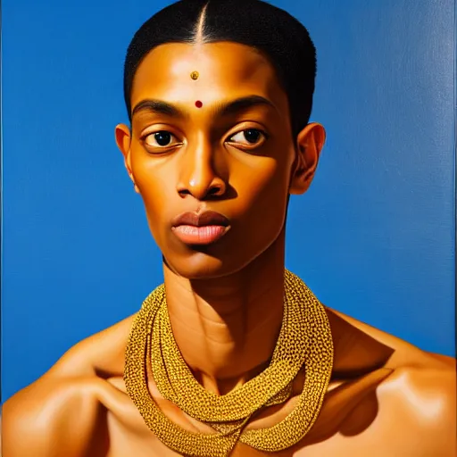 Image similar to A portrait of a skinny modern and stunning non-binary person, medium skin tone, Indian, oil painting by Kehinde Wiley, majestic, detailed, high resolution