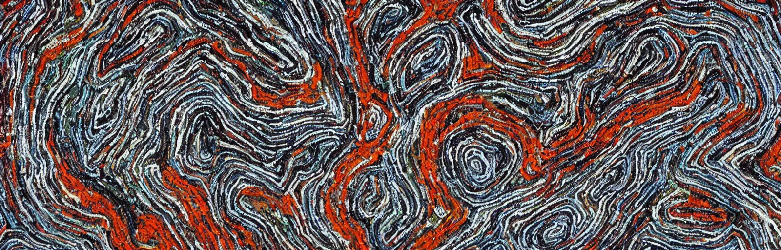 Prompt: An Australian indigenous artwork detailing the rugged terrain of the Snowy Mountains Australia, birds eye view, beautiful, aboriginal art