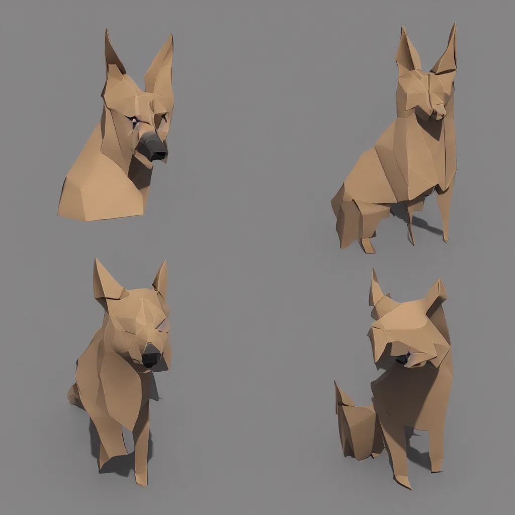 Image similar to 3 d rendering of japanese cardboard origami of simplified shape of german shepherd, 2 d image, trending on artstation