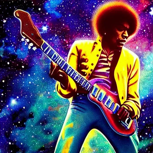 Image similar to jimi hendrix playing guitar, galaxy, stars, nebula, synthwave