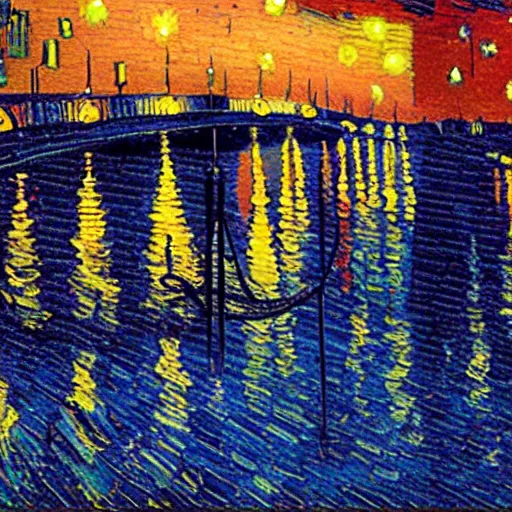 Prompt: rainy bridge golden hour sunset, starry night style van gogh