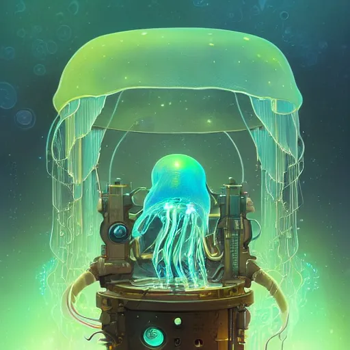 Image similar to intricate holographic ghost in the machine jellyfish made of microcircuitry and transistors in a glowing deap sea by peter mohrbacher and dan mumford, trending on artstation, cgsociety 4 k