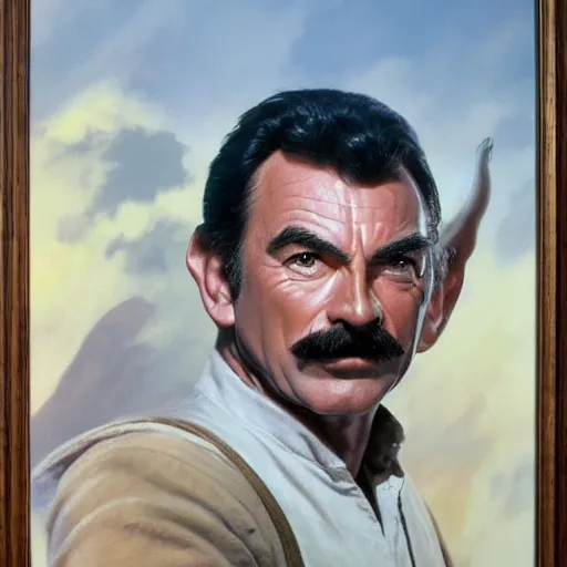 Image similar to ultra realistic portrait painting of tom selleck as yoda, art by frank frazetta, 4 k, ultra realistic, highly detailed, epic lighting