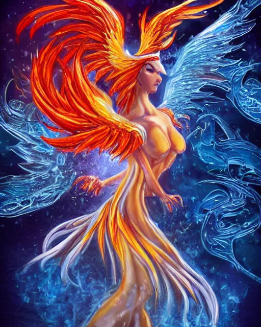 Prompt: character design, fiery phoenix rising goddess beautiful, half fire half ice on body, magic wood background, cinematic, detailed, ornate, intricate detail