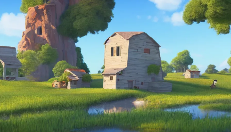Image similar to a serene landscape with a singular building in the style of Pixar, super realistic, highly detailed, 8k