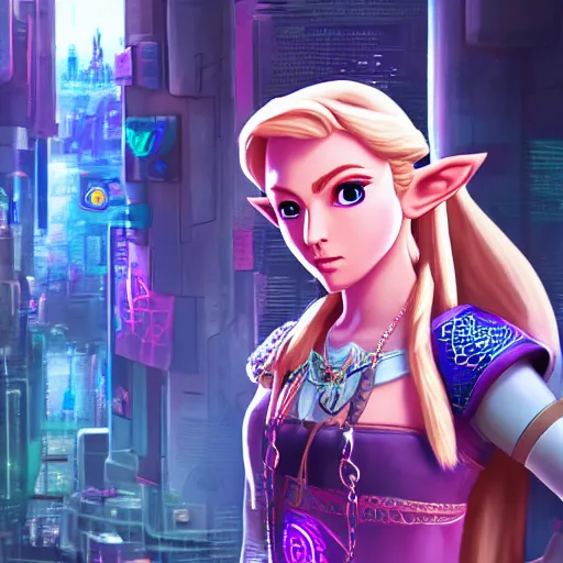 Image similar to high quality photo of princess zelda in a cyberpunk cyberpunk cyberpunk city realism 8k award winning photo