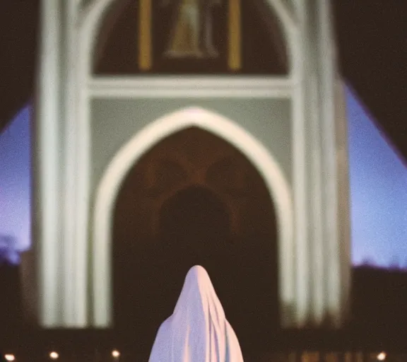 Image similar to Ghost standing in front of a church during in the night f1.8 anamorphic, bokeh, 4k, Kodachrome k135