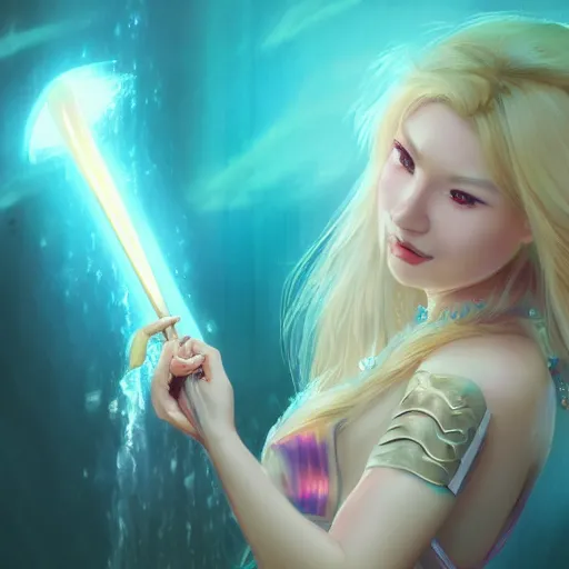 Prompt: a digital painting of a woman with blonde hair, a character portrait by feng zhu, cgsociety, fantasy art, ethereal glow, light white rainbow nails and a glowing chromatic sword behind her, medieval armour, waterfall, crocodile, tamborine, salt shaker, happy friend, fire, lamps, artstation hq, artstation hd, fantasy