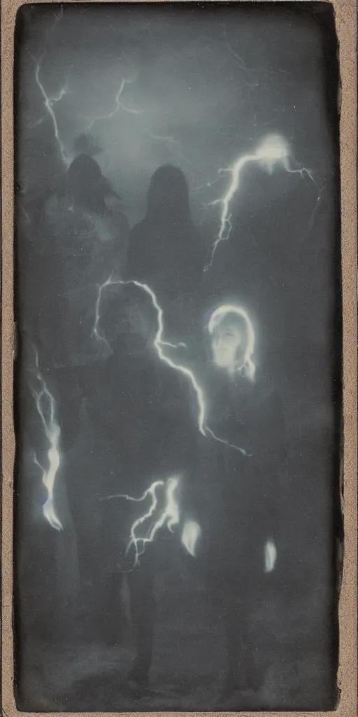 Prompt: spirit photography with glowing bulbous ectoplasm, scary shadow people, couple mourning, sleep paralysis demon, plasma lightning bolts, 1 9 0 0 s, slimer, summoning tall horned demon, mourning family, invoke fear and dread, old photograph, daguerreotype