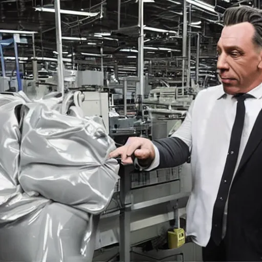 Prompt: till lindemann inspecting a factory which produces clones of putin