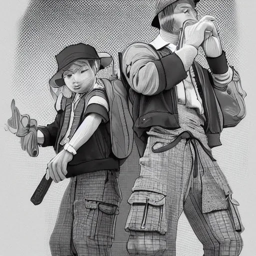 Image similar to rpg character concept art, twin brothers being cute and gangsta, intricate detail, in the style of jamie hewlett kawase hasui riyoko ikeda, 3 d render, artstation trending, 8 k, octane render, photorealistic, sharp detail, manga, black and white