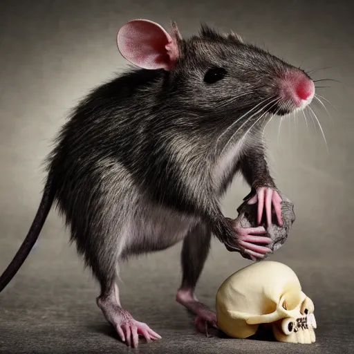 Prompt: photo of anthropomorphic rat with exposed skull wearing dark sorcerer robes