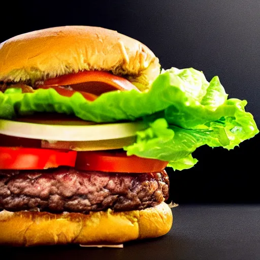 Image similar to most delicious hamburger ever created, very tall with layers of meat tomato lettuce cheese and bacon, professional food photography on black background, trending on instagram