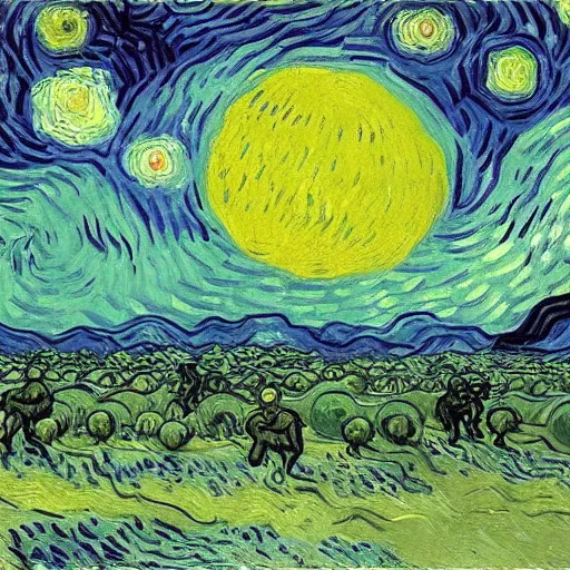 Prompt: painting of alien invasion apocalypse by Vincent Van Gogh