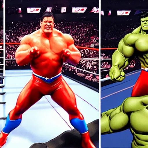 Image similar to supermen and hulk at WWE smacking down Vince McMahon