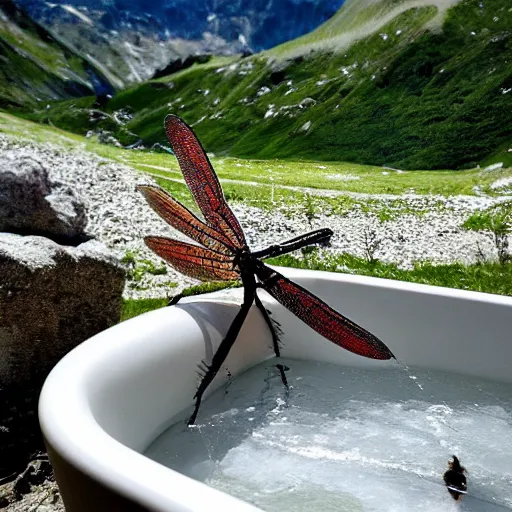 Prompt: dragonfly in a bathtub in the alps, goats!! in background