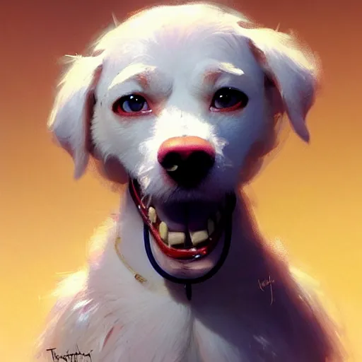 Prompt: a super cute white bologna dog. Detailed digital art by greg rutkowski, Thomas kinkade, Keith Parkinson, artstation, cgsociety, deviantart, 8k, HD