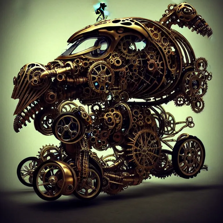 Image similar to biomechanical shiny steampunk vehicle reminiscent of very fast sportscar with robotic parts and (glowing) lights parked in ancient lush palace, gothic and baroque, brutalist architecture, ultradetailed, creepy ambiance, fog, artgerm, giger, Intricate by Ellen Jewett and Josan Gonzalez and Giuseppe Arcimboldo