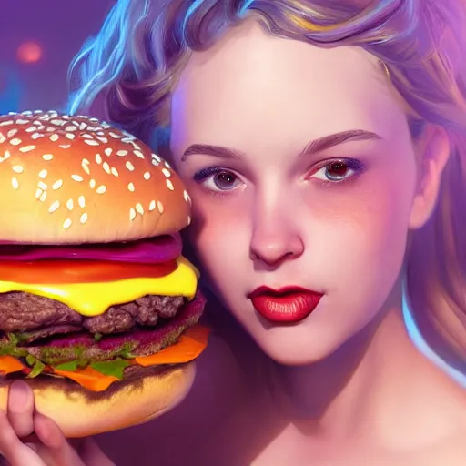 Prompt: portrait photography of Marissa Miller eating a giant hamburger, extra ketchup and mustard with overflowing bacon lettuce and tomato, cinematic lighting, highly detailed, feminine ethereal, bodypaint, D&D, hearthstone, digital painting, artstation, concept art, smooth, sharp focus, illustration, art by Terry Moore and Greg Rutkowski and Alphonse Mucha