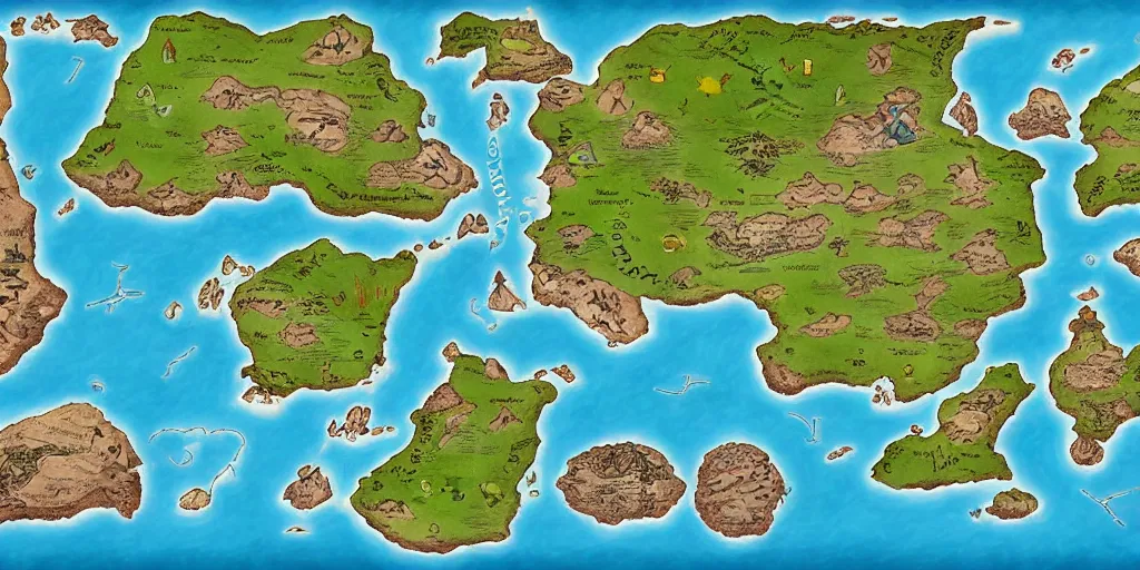 Prompt: A map of a fantasy world with two large continents, digital ilustration, 4k, highly detalied