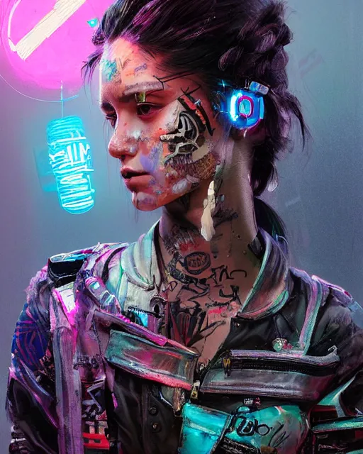 Prompt: detailed portrait Young Rebel Girl cyberpunk futuristic ((neon)) tattoes, yakuza, styled hair Reflective puffy sheen film jacket, decorated traditional ornaments by ismail inceoglu dragan bibin hans thoma greg rutkowski Alexandros Pyromallis Nekro James Jean illustrated Perfect face, fine details, realistic shaded, fine-face, pretty face