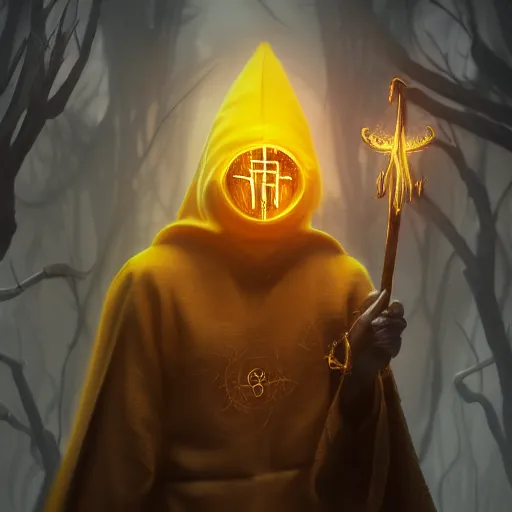 Prompt: award - winning. trending on artstation. cinematic. 4 k. a person wearing hooded frayed yellow robes and an eerie steel mask casting a spell while yellow magic runes float behind them. dark background