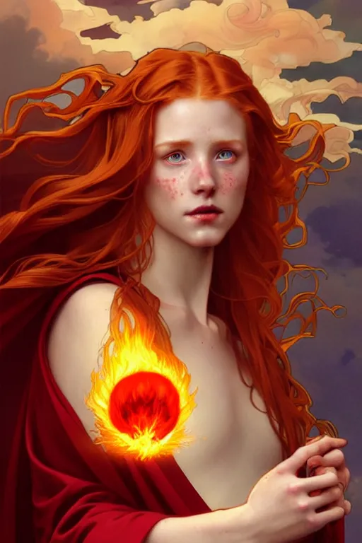 Prompt: a beautiful princess holding a fireball, ginger hair with freckles, wearing long flowing red robes inspired by alphonse mucha, standing on a mountain top with epic clouds and godlike lighting, intricate illustration and highly detailed digital painting. concept art by artgerm. inspired by brom art and larry elmore.