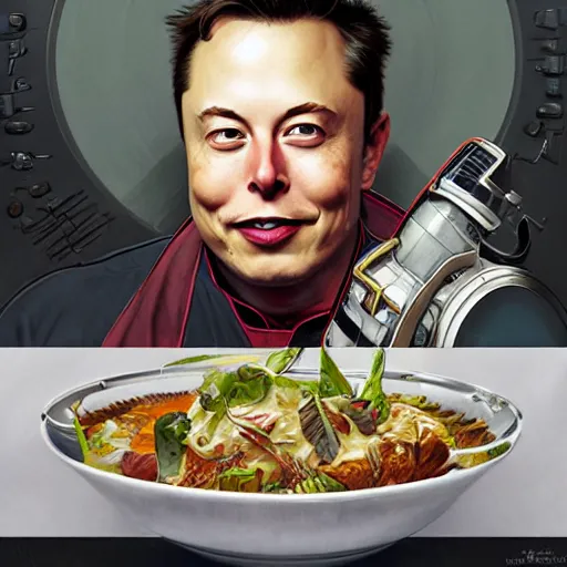 Image similar to portrait of Elon Musk as a cook, accurate, intricate, headshot, highly detailed, digital painting, artstation, concept art, sharp focus, illustration, art by artgerm and greg rutkowski and alphonse mucha