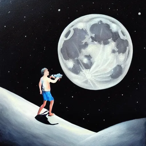 Image similar to Man eating the moon. Award winning painting. Artistic. 4K