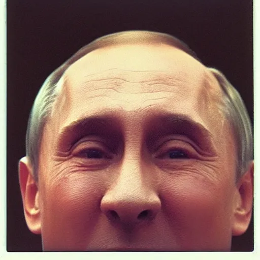 Image similar to polaroid photo of vladimir putin getting slimed, about 7 0 years old, with wrinkles on his face, looking towards infinity with a sad look, a two - day beard and a woolen cap while his lips are chapped by the sun, as well as his dark complexion