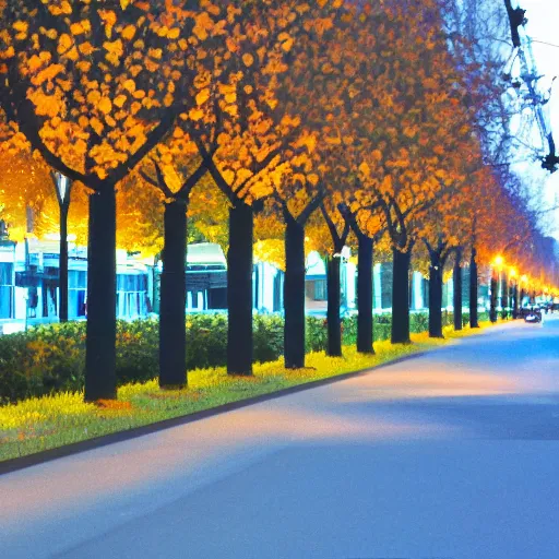 Image similar to avenue, median with trees, uptown neighborhood, neighborhood, liminal space, traffic lights, blue hour