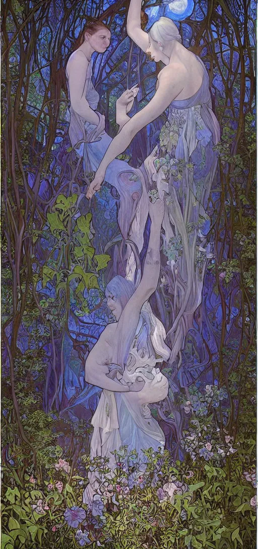 Image similar to painterly dreamy Kupala Night in the blue forest with trees which have eyes, giant flowers, glowing owls, deers, lianas, thistles, giant fantasy creatures, a stream and sky with moon and stars by Alphonse Mucha, Artgerm, Alex Grey, Aron Wiesenfeld and Giger dark fantasy, witcher, very detailed oil painting in the alla prima style, masterpiece, 8k