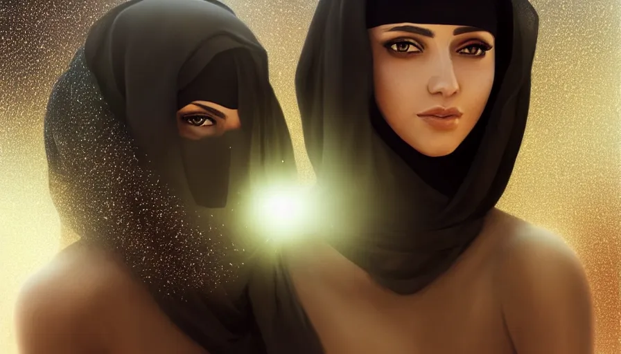 Image similar to Portrait of very very very very very very beautiful Arab woman wearing a Niqab, glowing magical eyes, energy trails, under giant full moon in the desert, intricate, elegant, highly detailed, digital painting, artstation, concept art, smooth, sharp focus, illustration, art by artgerm and greg rutkowski and alphonse mucha