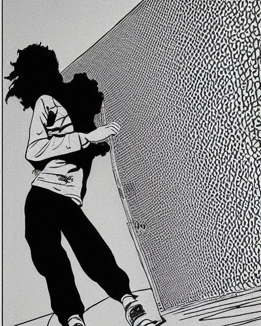 Image similar to wide shot of a young pretty skater skateboard skateboarder 1985 skatergirl style, graphic novel art by Jean Giraud, black and white, pastel color, neon color