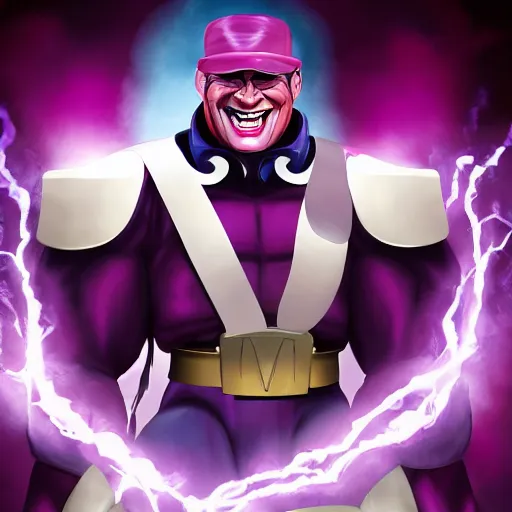 Image similar to M. Bison laughing with big white smile, full body portrait, surrounded by purple lightning, highly detailed painting, concept art