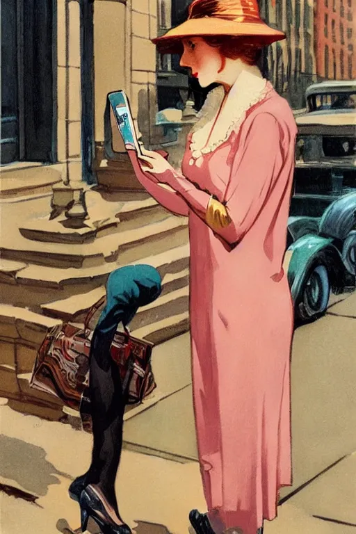 Prompt: high quality illustration of a pretty woman talking on her iphone while walking in the streets of New York in style of 1920s full color illustration by J.C. Leyendecker, colorful color palette