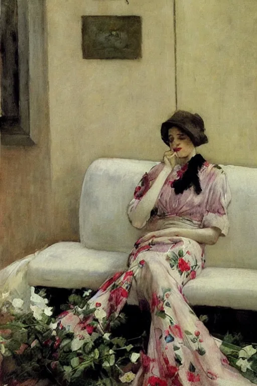 Image similar to european woman in a gown drunk laying on couch, bloom flowers, modern, eclectic, illustration, by ramon casas