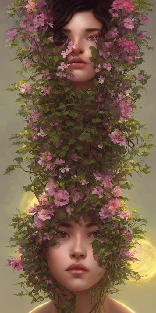 Image similar to surreal beautiful young woman, sitting with flowers, detailed gorgeous face turning into a tree, leaves, dark, ominous, sad eyes, vaporwave aesthetic, synthwave , digital painting, artstation, concept art, smooth, sharp focus, illustration, art by artgerm and greg rutkowski and alphonse mucha