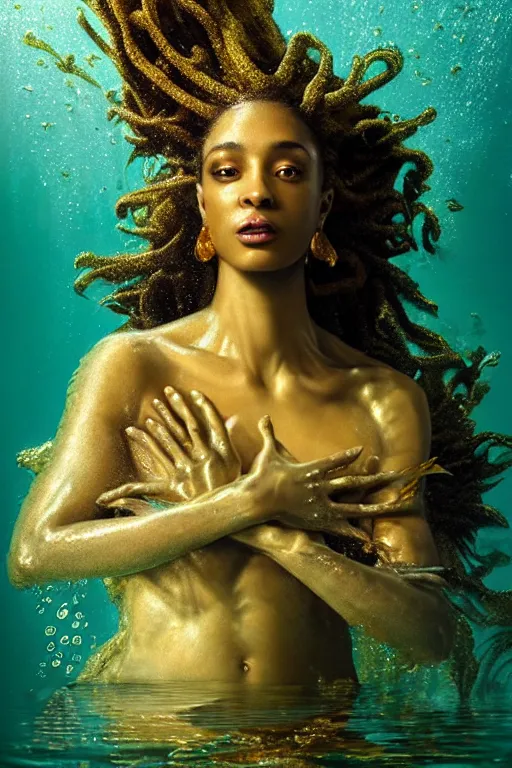 Image similar to hyperrealistic neo - rococo cinematic half underwater scene with fish and algae, very expressive! translucent elegant african goddess getting out of water, gold jewerly, highly detailed face, digital art masterpiece, aykut aydogdu zener, dramatic volumetric light, long shot, low angle uhd 8 k, sharp focus