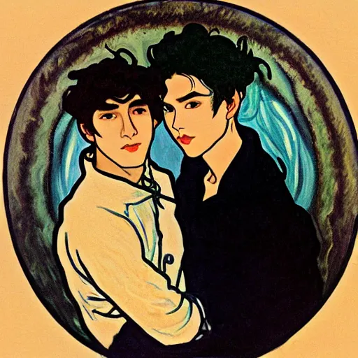 Image similar to painting of young cute handsome beautiful dark medium wavy hair man in his 2 0 s named shadow taehyung and cute handsome beautiful min - jun together at the halloween witchcraft party with bubbling cauldron, melancholy, autumn colors, elegant, painting, stylized, gorgeous eyes, soft facial features, delicate facial features, art by alphonse mucha, vincent van gogh, egon schiele