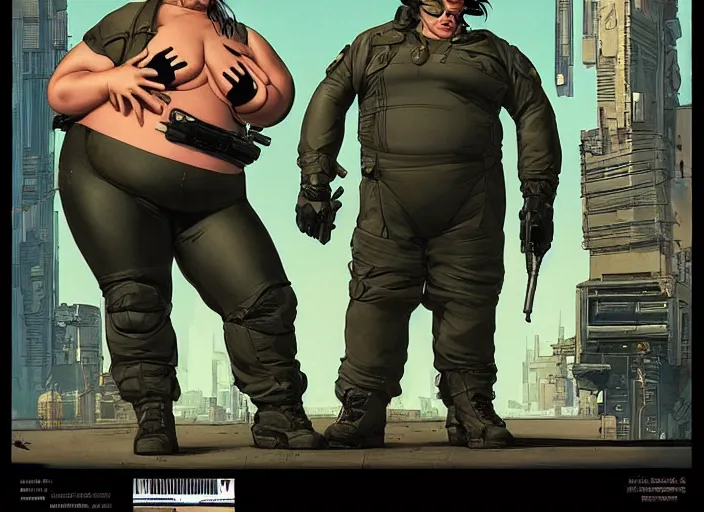 Prompt: overweight woman cyberpunk mercenary in tactical gear and jumpsuit. portrait by stonehouse and mœbius and will eisner and gil elvgren and pixar. fat pride poster. dystopian. cyberpunk 2 0 7 7, apex, blade runner 2 0 4 9 concept art. cel shading. attractive face. thick lines.