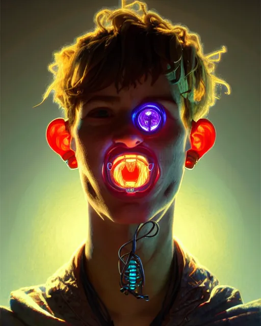 Image similar to portrait of a patchwork boy, bioluminescent, wires, horror, asymmetrical art, highly detailed, concept art, cinematic, hyperrealism, epic, art by stanley lau and artgerm and magali villeneuve and alphonse mucha and pixar, artstation, octane render, cgsociety