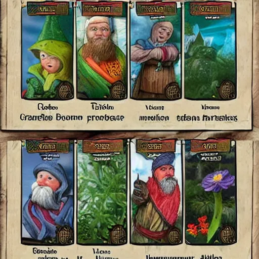 Prompt: garden gnome trading cards. magical attributes, spells, strengths and weakness, points, intricate borders, trading card style