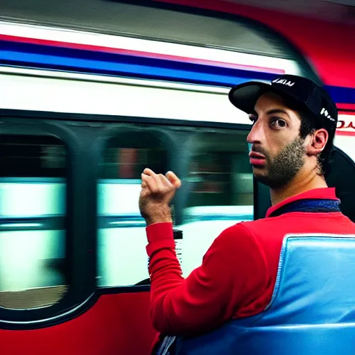 Image similar to Daniel Ricciardo driving a London underground tube train in a station, sad, photorealistic, 4k