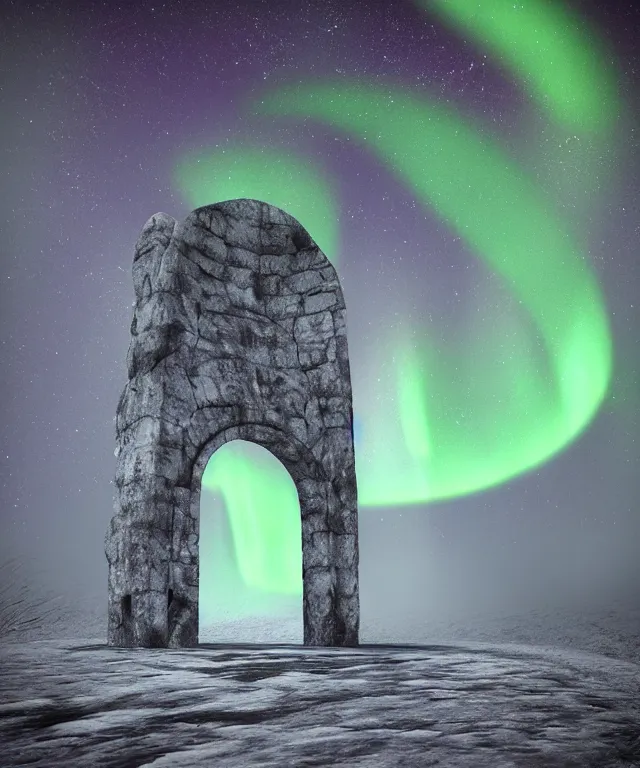 Image similar to portal to another dimension, stone archway, aurora borealis, mysticism, photorealistic, fog, symmetrical