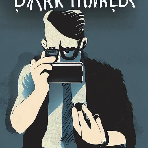 Prompt: a dark scene of a man with a short beard and glass looking at a smartphone, paperback horror book cover style