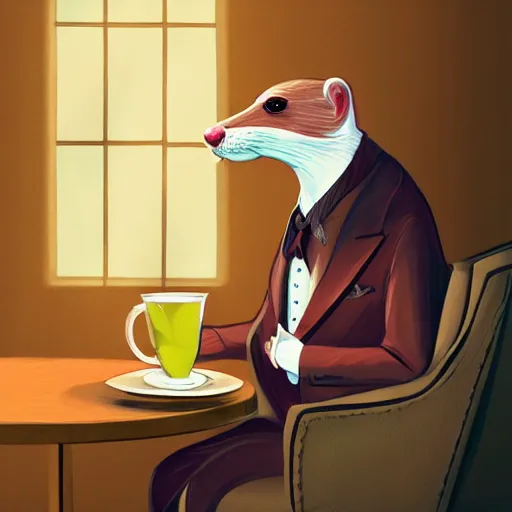 Image similar to a weasel in a suit was drinking tea, surrounded by tea houses ambient lighting, 4 k, russ mill, artstation