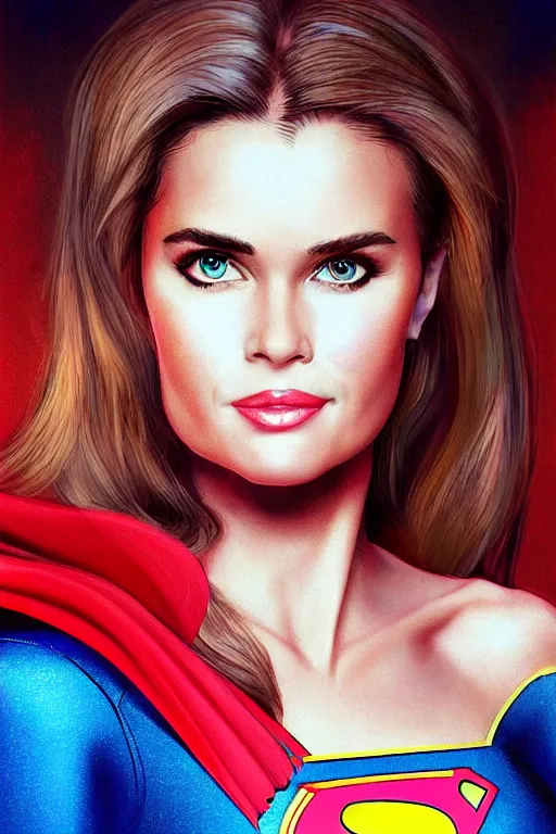 Image similar to portrait of a mix of beautiful young maria shriver, mariel hemmingway, brooke shields and elle macpherson as supergirl, thin lips, hair tied up in a pony tail, colorful artstation, cgsociety